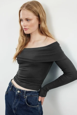 Trendyol Anthracite Carmen Collar Crop/Short Flexible Knitted Blouse