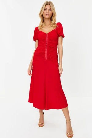 Trendyol Red Fitted Snake Knitted Elegant Evening Dress