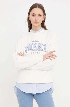 Bavlněná mikina Tommy Jeans dámská, bílá barva, s aplikací, DW0DW17339