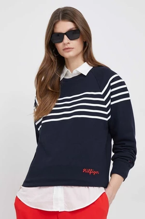 Bavlněná mikina Tommy Hilfiger dámská, tmavomodrá barva, vzorovaná