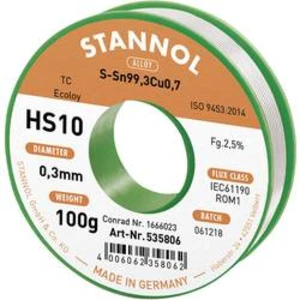 Bezolovnatý pájecí cín Stannol HS10 2,5% 0,3MM SN99,3CU0,7 CD 100G, bez olova, cívka, 100 g, 0.3 mm