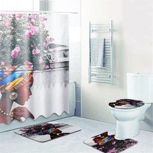 3 PCS Bathroom Mats Shower Curtain Set Prints Polyester Bathroom Curtains With12 Hooks