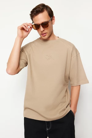 Trendyol Premium Mink Oversize/Wide Cut Textured Waffle Fluffy Text Printed T-Shirt