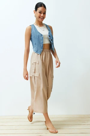 Trendyol Beige Pocket/Cargo Detailed Drawstring Midi Length Woven Skirt