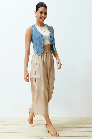 Trendyol Beige Pocket/Cargo Detailed Midi Length Woven Skirt with Gathered Hem