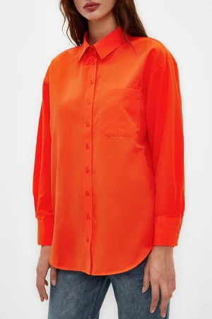 Trendyol Dark Orange Single Pocket Boyfriend Woven Cotton Shirt