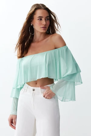 Trendyol Mint Ruffle Detail Long Sleeve Lined Crop/Short Knitted Blouse