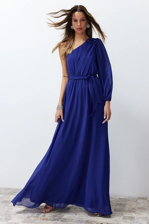 Trendyol Saks A-Cut One Sleeve Accessories Woven Chiffon Long Evening Evening Dress