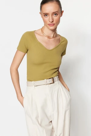 Trendyol Fat Green Fitted Corduroy Cotton Stretch Knitted Blouse