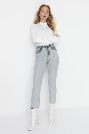 Trendyol Light Blue Color Block High Waist Straight Jeans with Buttons at the Front