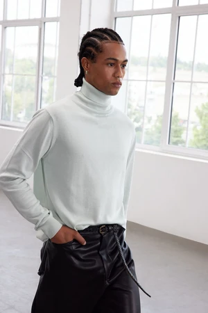 Trendyol Mint Slim Cotton Turtleneck Plain Knit Sweater