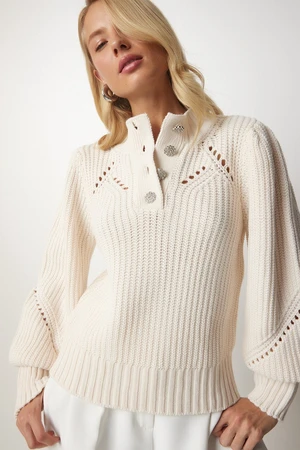 Happiness İstanbul Women's Cream Stylish Buttoned Openwork Knitwear Sweater