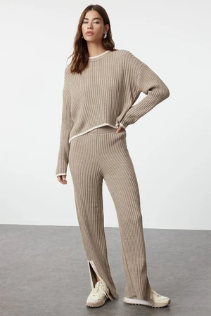 Trendyol Mink Crop Ribbed Color Block Knitwear Bottom-Top Set