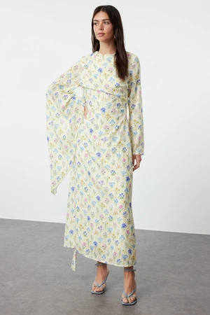 Trendyol Yellow Shawl Collar Floral Patterned Woven Evening Dress