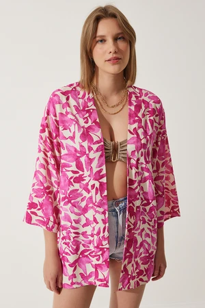 Happiness İstanbul Women's Pink Ecru Patterned Viscose Kimono