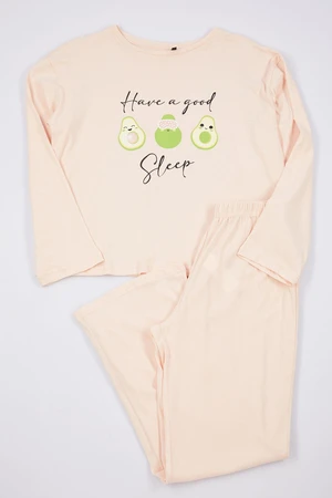 Trendyol Powder 100% Cotton Slogan and Avocado Printed Knitted Pajama Set