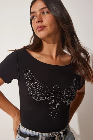 Happiness İstanbul Women's Black Wing Embroidered Viscose Knitted T-Shirts