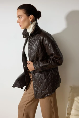 Trendyol Dark Brown Regular Fit Faux Leather Shacket Quilted Jacket Coat