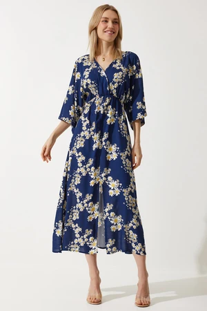 Happiness İstanbul Women's Navy Blue Yellow Wrap Collar Patterned Summer Viscose Dress