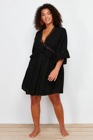 Trendyol Curve Black Sleeve Frilly Lace Ribbon Detailed Mini Beach Dress