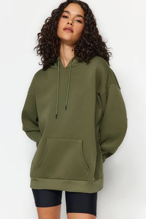 Trendyol Khaki Thick, Fleece Inside Oversize/Wide Fit With a Hooded Basic Knitted Sweatshirt