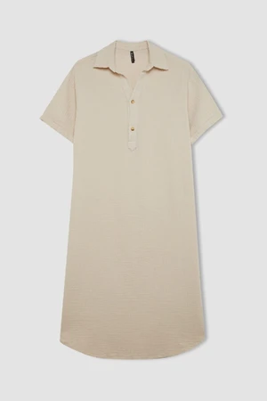 DEFACTO Regular Fit Buttoned Polo Neck Basic Plain Muslin Short Sleeve Mini Dress