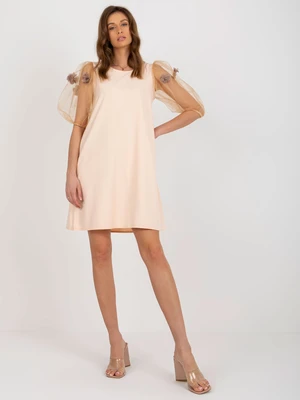 Cocktail dress peach and camel with short sleeves