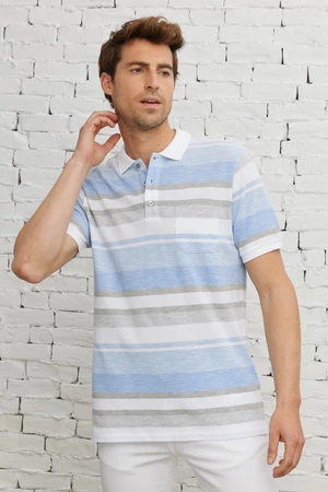 ALTINYILDIZ CLASSICS Men's White Light Blue Comfort Fit Loose-fitting Polo Neck 100% Cotton, Pocket Patterned T-Shirt.