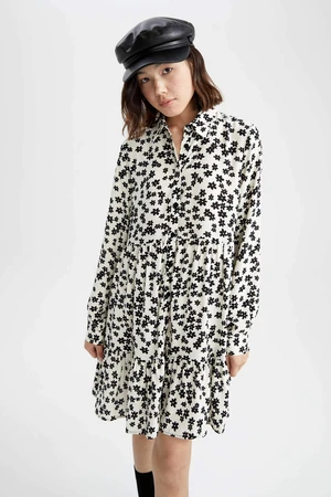 DEFACTO Shirt Collar Printed Mini Long Sleeve Dress