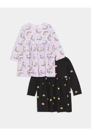 LC Waikiki Crew Neck Long Sleeve Printed Baby Girl Dress 2-Pack