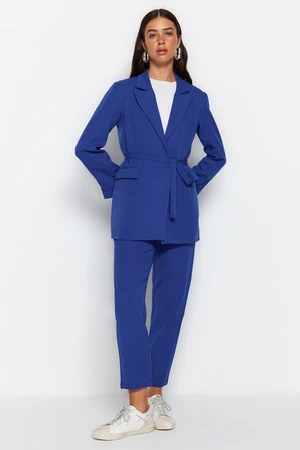 Trendyol Blue Tie Detailed Lined Crepe Jacket-Trousers Woven Two Piece Set