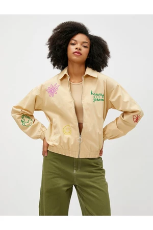 Koton Bomber Jacket Zippered Slogan Embroidered Pocket Detail Cotton