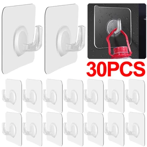 30/5pcs Wall Mounted Hooks Transparent Self Adhesive Door Wall Hangers Hooks Heavy Load Rack Kitchen Bathroom Organizer Holder