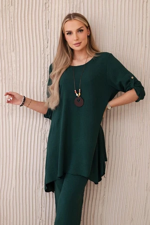 Women's set blouse with pendant + trousers - dark green