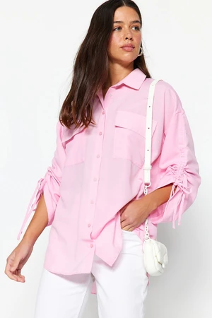 Trendyol Light Pink Sleeves Adjustable Gathering Detailed Woven Cotton Shirt