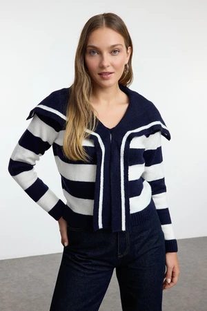 Trendyol Navy Blue Crop Soft Texture Shawl Collar Striped Knitwear Sweater