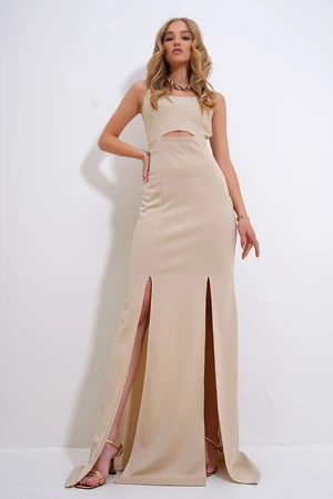 Trend Alaçatı Stili Women's Beige Adjustable Strap Out Cut Slit Graduation Dress