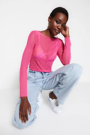 Trendyol Pink Stitch Detail Fitted/Situated Crew Neck Crop Tulle Elastic Knitted Blouse