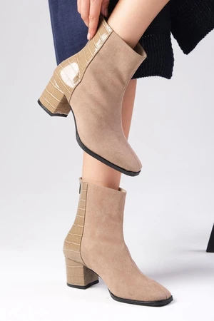 Mio Gusto Bianca Mink Suede And Alligator Pattern Combination Women's Flat Toe Women's Short Heeled Boots.