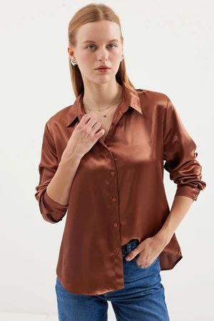 Bigdart 3964 Lightly Flowy Satin Shirt - Camel