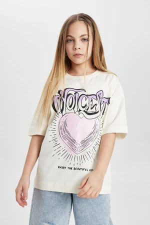 DEFACTO Girl Oversize Fit Crew Neck Printed Short Sleeve T-Shirt