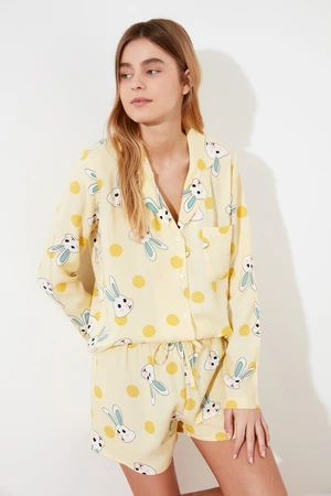 Trendyol Yellow Rabbit Pattern Viscose Shirt-Shorts Woven Pajamas Set