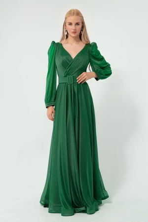 Dámské smaragdově zelené šaty Lafaba, s dvojitým límcem, třpytivým dlouhým rozšířeným večerním šatem.