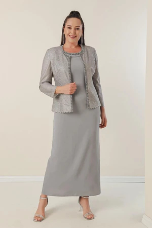 By Saygı Long Crepe Dress with Stones and Lined Collar, Sequin Jacket Plus Size 2-Piece Suit