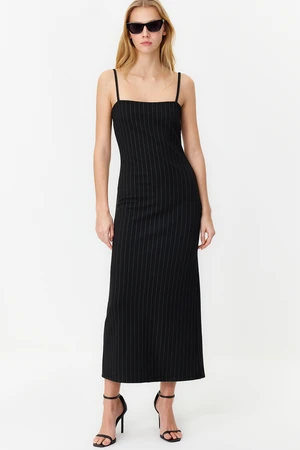 Trendyol Black Striped Strappy Bodycone/Body-hugging Knitted Maxi Pencil Dress