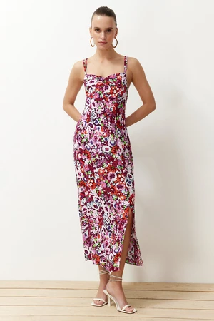 Trendyol Pink Floral A-line Viscose Strap Midi Woven Dress