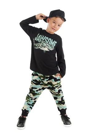 Mushi Jawsome Boys' Black T-shirt with Camouflage Pants Suit