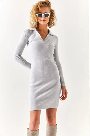 Olalook Women's Light Gray Polo Neck Lycra Raised Dress