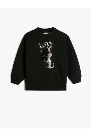 Koton The Cat Embroidered Sequins Sweatshirt with Rayon Crew Neck.