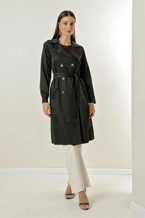 By Saygı Notched Collar Waist Belted, Pocket Soft Cotton Trench Coat.